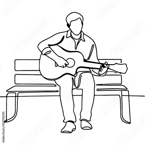 Man playing acoustic guitar on park bench. Musician serenades passersby with soulful melodies.  Relaxing summer scene perfect for music blogs and social media posts.