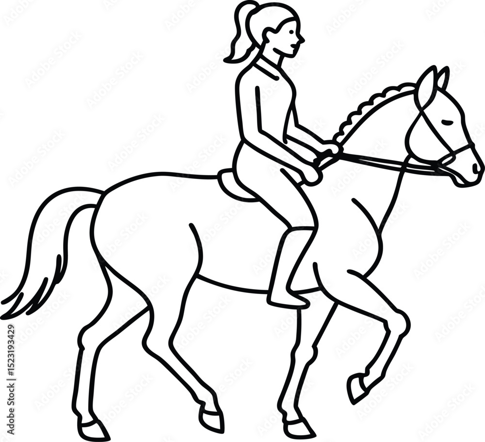 Minimalist Skeleton Equestrian with Messy Bun Riding Horse Vector Outline Minimalist Skeleton Equestrian with Messy Bun Riding Horse Vector Outline