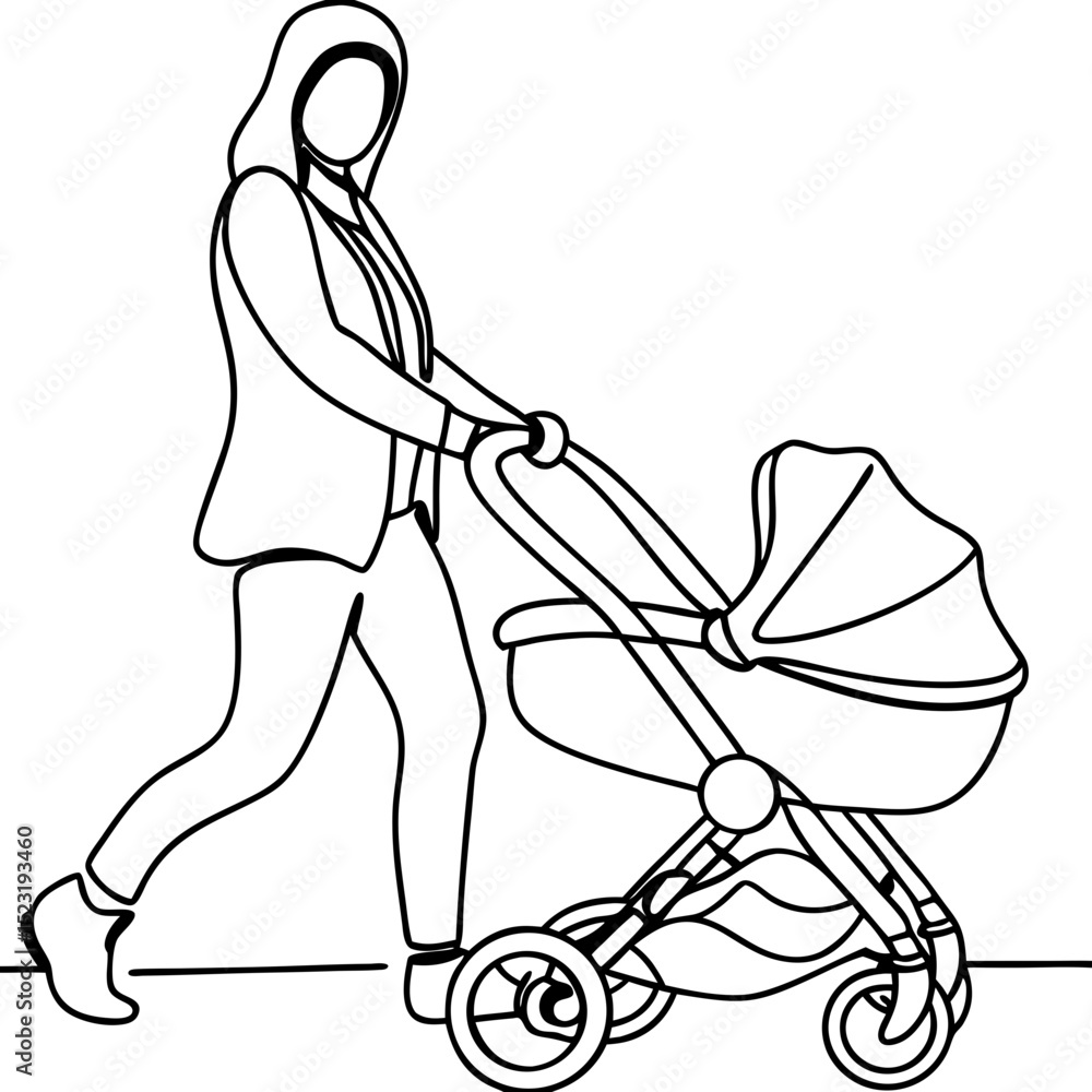 Mother pushing stroller in city park. Young mom enjoys stroll with baby in carriage. Happy motherhood concept for parenting blogs and family publications. Mother pushing stroller in city park. Young mom enjoys stroll with baby in carriage. Happy motherhood concept for parenting blogs and family publications.