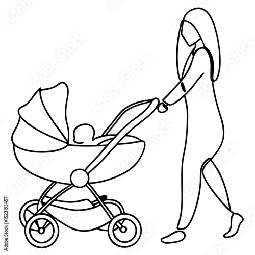 Mom pushing stroller in park. Happy motherhood concept image.  Young mother strolling with baby in pram. Perfect illustration for parenting blogs, maternity websites, and family publications.