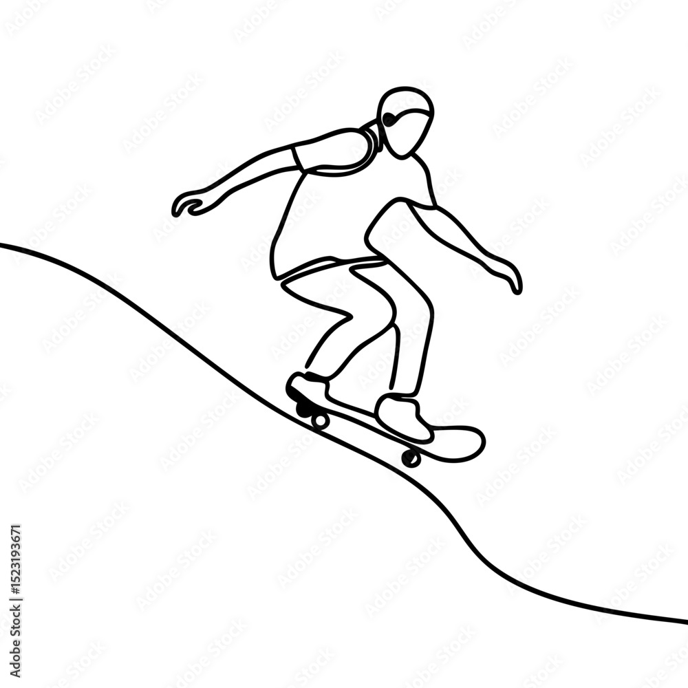 Fototapeta premium Person skateboarding downhill. Dynamic illustration of person riding skateboard down slope. Person skillfully maneuvers skateboard downhill. Image perfect for sports publications,