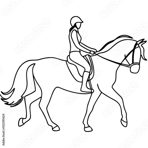Equestrian rider on horse, elegant posture and riding attire. Horseback riding illustration showcases graceful movement and balance. Perfect equestrian image for websites, magazines,