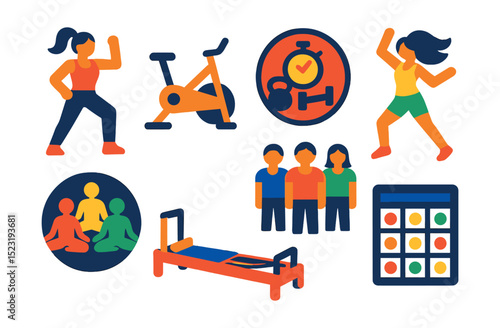 Flat vector icons of group fitness classes: aerobics instructor icon, spinning bike symbol, HIIT circuit badge, Zumba dance pose, group yoga circle, pilates reformer bed, bootcamp lineup, fitness