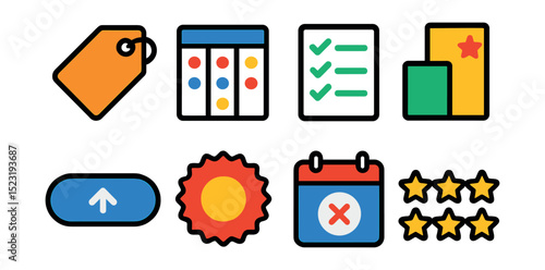 Flat vector icons of product and service options: price tag badge, plan comparison chart, feature checklist, subscription tier icon, upgrade button, free trial badge, cancel subscription icon,