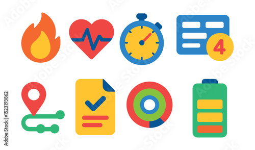 Flat vector icons of fitness tracking and metrics: calorie burn counter, heart rate chart, training duration clock, reps and sets tracker, distance progress line, workout journal file, goal rings