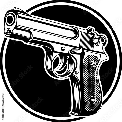 Detailed pistol side view illustration.  Handgun image shows firearm details: trigger, grip, barrel.  Pistol side view graphic perfect for crime thriller book cover or law enforcement training manual.
