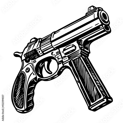 Detailed pistol side view illustration.  Handgun drawing shows intricate details of firearm mechanism.  Pistol image perfect for crime thriller book cover, action movie poster,