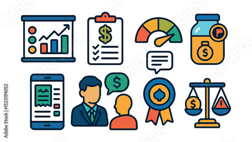 Flat vector icons of financial decision making: investment options chart, budget planner icon, loan application form, credit score meter, savings goal badge, expense tracker, financial advisor