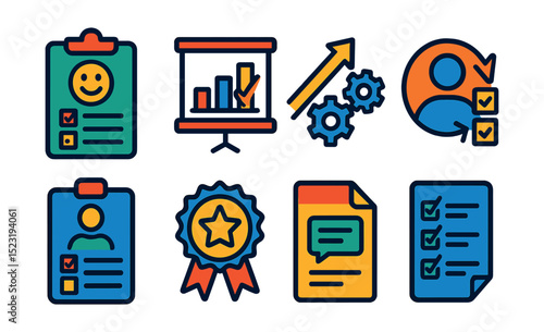 Flat vector icons of training feedback and improvement: course feedback form, progress review chart, improvement strategy arrow, skills reassessment icon, self-evaluation sheet, trainer review badge,