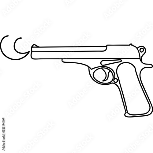 Semi-automatic pistol firing bullet.  Detailed illustration of firearm discharging projectile.  Shooting range concept for military training manuals or police academy materials.