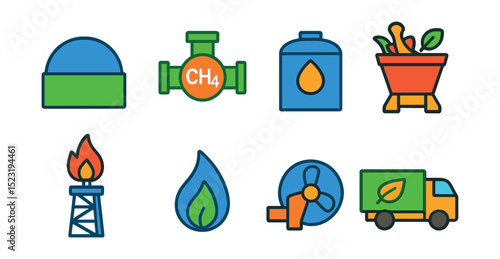 Flat vector icons of renewable gas and bioenergy: biogas plant dome, green methane pipe, digestate storage tank, organic waste feed hopper, gas flare recovery unit, renewable gas flame icon,