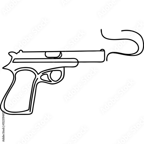 Smoking gun illustration. Gun drawn in one continuous line.  Simple firearm image for crime scene investigation report or police department documentation.