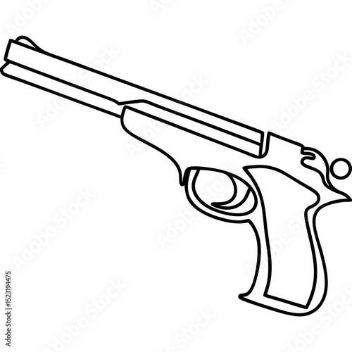 Semi-automatic pistol line drawing. Detailed illustration of firearm, showcasing trigger, barrel, and grip.  This image is perfect for firearms training manuals, safety brochures, or police reports.