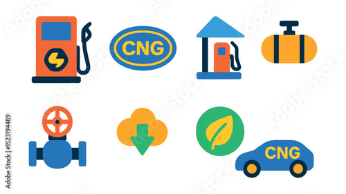 Flat vector icons of compressed natural gas (CNG) systems: CNG fuel pump icon, vehicle CNG tank badge, refueling station, pressure cylinder, regulator valve, emission reduction symbol, clean fuel