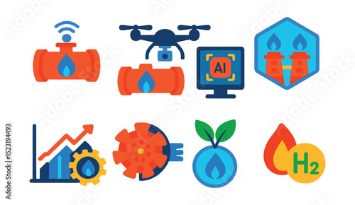 Flat vector icons of compressed natural gas (CNG) systems: CNG fuel pump icon, vehicle CNG tank badge, refueling station, pressure cylinder, regulator valve, emission reduction symbol, clean fuel