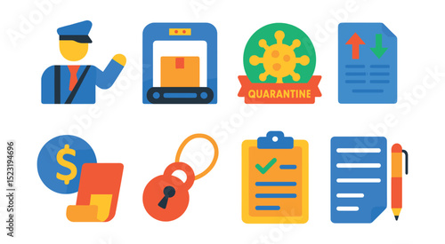 Flat vector icons of port customs and inspection: customs officer icon, cargo inspection scanner, quarantine badge, import/export document, duty payment, security seal, inspection checklist,