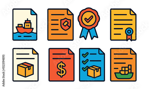 Flat vector icons of port documentation processes: shipping manifest icon, customs declaration form, export license badge, import permit certificate, cargo invoice, freight bill, packing list, bill
