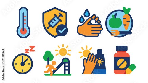 Flat vector icons of preschool motor skills development: puzzle pieces icon, stacking cups badge, bead threading, ball toss, balance beam, fine motor tray, climbing ladder, hand-eye coordination.