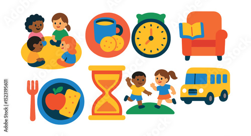 Flat vector icons of preschool daily routines: morning circle time icon, snack time badge, nap time clock, storytime chair, cleanup hourglass, outdoor play session, lunchtime plate, dismissal bus.