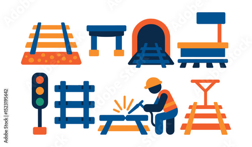 Flat vector icons of rail and transit infrastructure: railway track bed icon, overpass bridge beam, metro tunnel entrance, station platform edge, signal system panel, concrete sleeper layout, rail