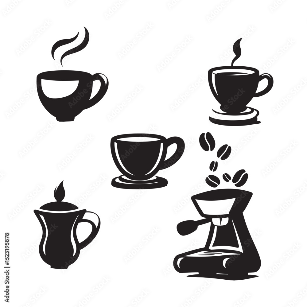 Obraz premium Assorted silhouettes of coffee cups and brewing equipment, perfect for depicting a variety of beverages.