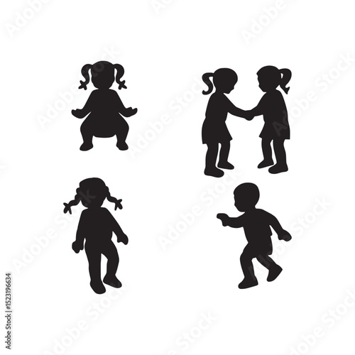 Charming silhouettes of young girls in various casual standing and interactive poses, great for diverse uses.