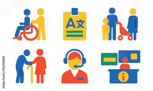 Flat vector icons of airport passenger assistance: wheelchair service icon, language interpreter badge, special assistance desk, family with stroller, elderly passenger help, customer service