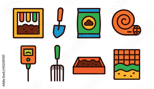 Flat vector icons of soil preparation and care: soil test kit icon, tilling blade, compost soil bag, mulch roll symbol, PH measurement probe, aeration fork, raised bed outline, erosion control mat.