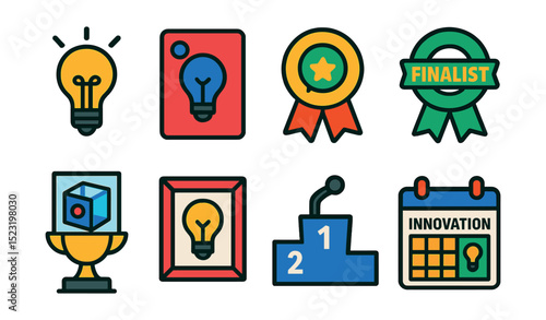 Flat vector icons of innovation challenge rewards: innovation challenge lightbulb, idea submission slip, jury choice badge, finalist stage ribbon, solution prototype trophy, concept sketch frame,