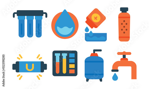 Flat vector icons of water treatment and purification: filtration system icon, water purifier badge, chlorine dosing, sediment filter, UV sterilizer, water testing kit, chemical treatment tank, clean