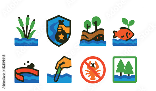 Flat vector icons of water-related environmental protection: wetland preservation icon, river cleanup badge, erosion control, aquatic habitat, pollution barrier, water sampling, invasive species