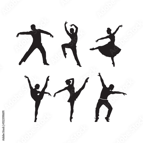 Dynamic silhouettes of dancers in various poses, showcasing energetic and artistic movement for performance.