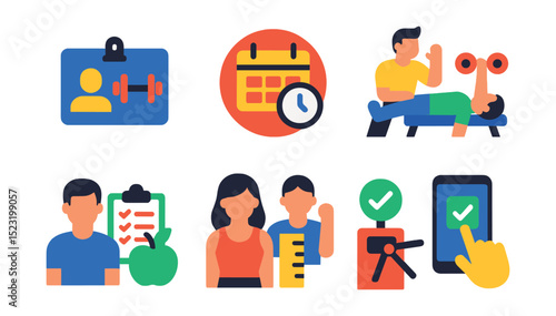 Flat vector icons of gym membership and services: membership card icon, class schedule badge, personal training session, group workout, nutrition consultation, fitness assessment, access control, app