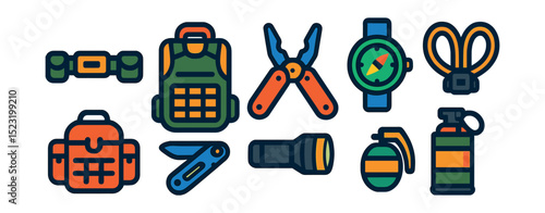 Flat vector icons of tactical gear and loadout: utility belt icon, molle backpack, body armor plate, multi-tool knife, wrist compass, tactical flashlight, smoke grenade, zip tie cuffs.