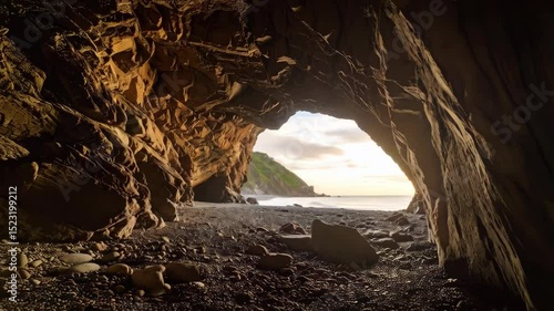 Scenic view from a coastal cave opening towards the ocean and sky, with rock formations and pebbles on the beach floor.