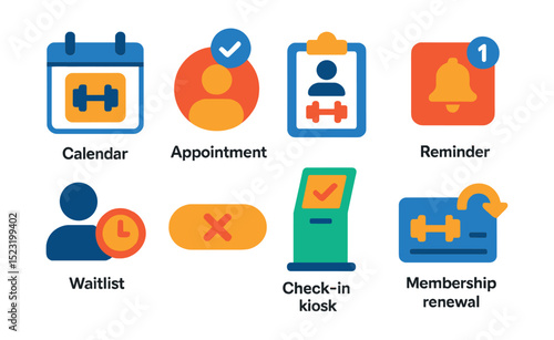 Flat vector icons of gym scheduling and booking: calendar icon, appointment badge, class registration, reminder notification, waitlist, cancellation button, check-in kiosk, membership renewal.