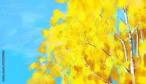 Birch tree in autumn with yellow leaves. Autumn landscape, with birch trees with yellow autumn illustration. Birch grove in autumn time