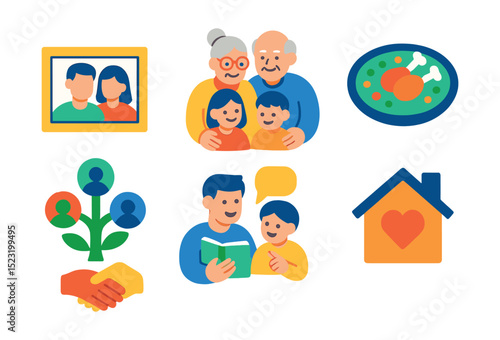 Flat vector icons of family gatherings and traditions: family photo frame icon, grandparents hugging kids, family tree symbol, shared meal dish, storytelling moment, home with heart, hands holding