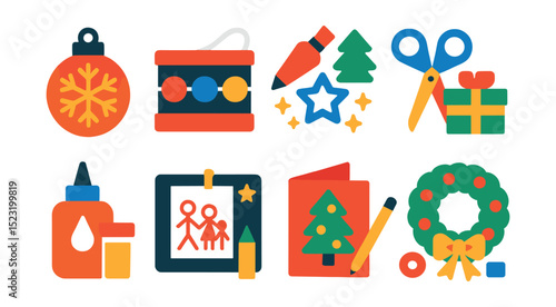 Flat vector icons of family holiday crafts and DIY: handmade ornament icon, garland stringing kit, cookie decorating tools, gift wrap scissors, glue and glitter jar, family art board, holiday card