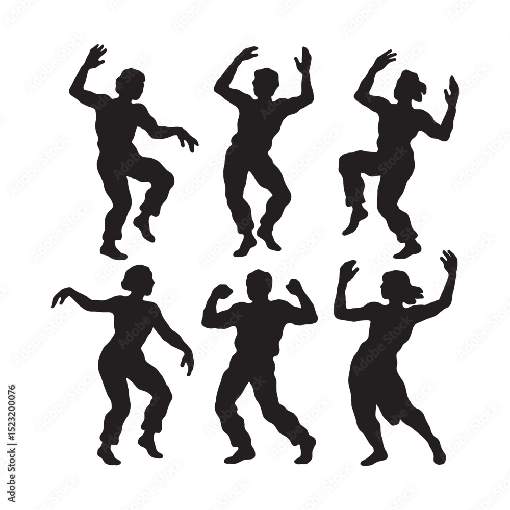 Fototapeta premium Excited crowd silhouettes with raised arms and energetic expressions, ideal for celebrations and vibrant scenes.
