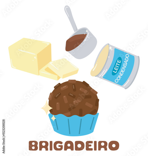 Brigadeiro ingredients illustration. Traditional Brazilian dessert vector. 