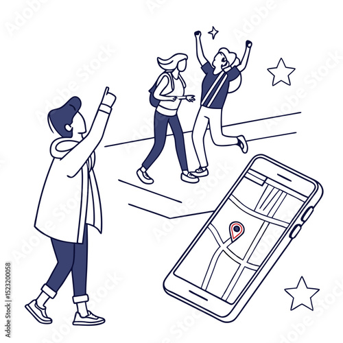 People using navigation app celebrating arrival travel illustration