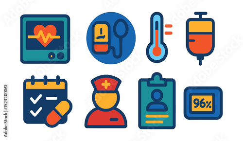 Flat vector icons of patient care and monitoring: heart monitor icon, blood pressure cuff badge, temperature check, IV drip, medication schedule, nurse call button, patient chart, oxygen saturation