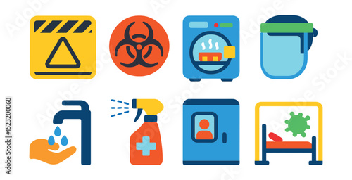 Flat vector icons of infectious disease control: quarantine zone icon, biohazard badge, sterilization equipment, face shield, handwashing station, disinfectant spray, isolation room, infection