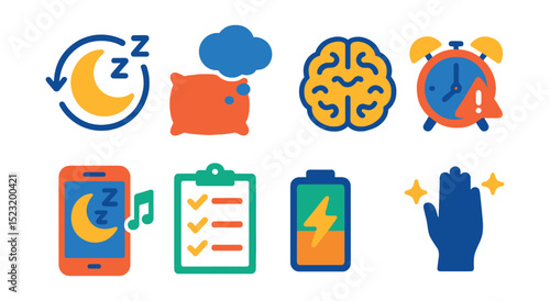 Flat vector icons of sleep and mental rest: sleep cycle moon icon, pillow and thoughts cloud, restful brain waves, insomnia alert clock, guided sleep audio, bedtime routine checklist, nap recharge