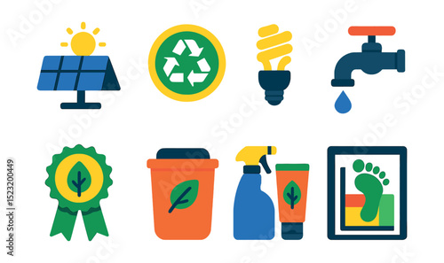 Flat vector icons of hotel sustainability initiatives: solar panels icon, recycling bin badge, energy-efficient light bulb, water conservation tap, green certification, compost bin, eco-friendly