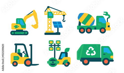 Flat vector icons of sustainable construction machinery: electric excavator icon, solar-powered crane, hybrid concrete mixer, low-emission bulldozer, energy-efficient forklift, green site lighting,