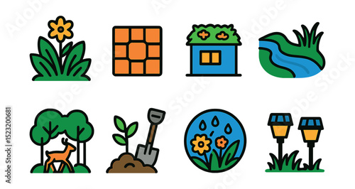 Flat vector icons of eco-friendly landscaping and site design: native plant shrub, permeable pavement tile, green roof garden, bioswale water channel, habitat corridor icon, tree planting spade, rain