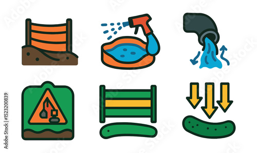 Flat vector icons of sustainable site management: erosion control fence, sediment basin icon, dust suppression spray, stormwater management, construction site buffer, green fencing panel, silt sock