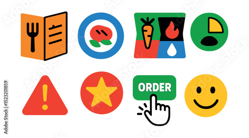Flat vector icons of food and menu selection: menu card icon, dish photo badge, dietary filter icons, portion size selector, allergy alert symbol, chef’s recommendation star, order button, feedback